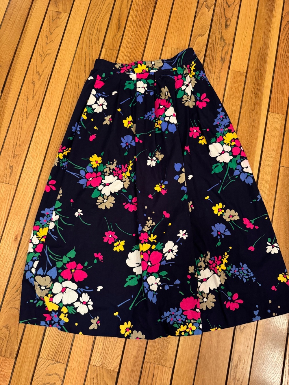 Vintage Aston Navy Floral A-Line Midi Skirt with Pink, White, Yellow & Green
